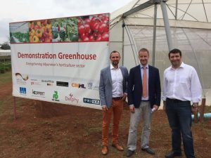 Matthias Brienen (Larive International). Wouter Jurgens (Dutch Ambassador) and Paolo Cerati (Fresco Myanmar Co.Ltd) at opening cermony of demonstration greenhouse on 2 May 2018