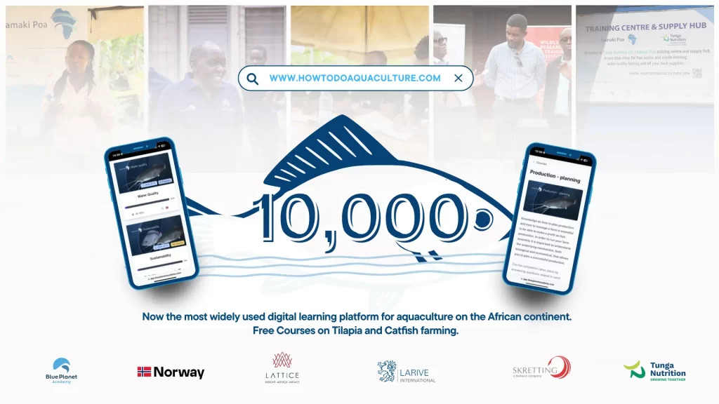 As of December 2025, Samaki Poa’s free online training platform, HowtodoAquaculture.com, has surpassed 10,500 registered users, reaching learners, farmers, youth, and aquaculture professionals across 41 African countries.