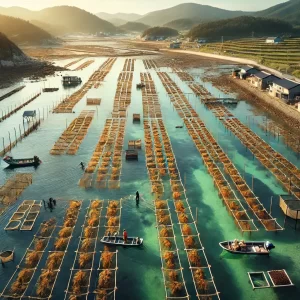 DALL·E 2025-04-01 15.51.37 - Photorealistic drone shot capturing the organic production of eco-labelled seaweed in a coastal area of South Korea. The scene shows large seaweed far copy