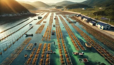 DALL·E 2025-04-01 15.51.37 - Photorealistic drone shot capturing the organic production of eco-labelled seaweed in a coastal area of South Korea. The scene shows large seaweed far copy