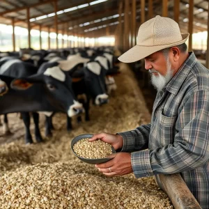 indonesian farmer inspecting feed